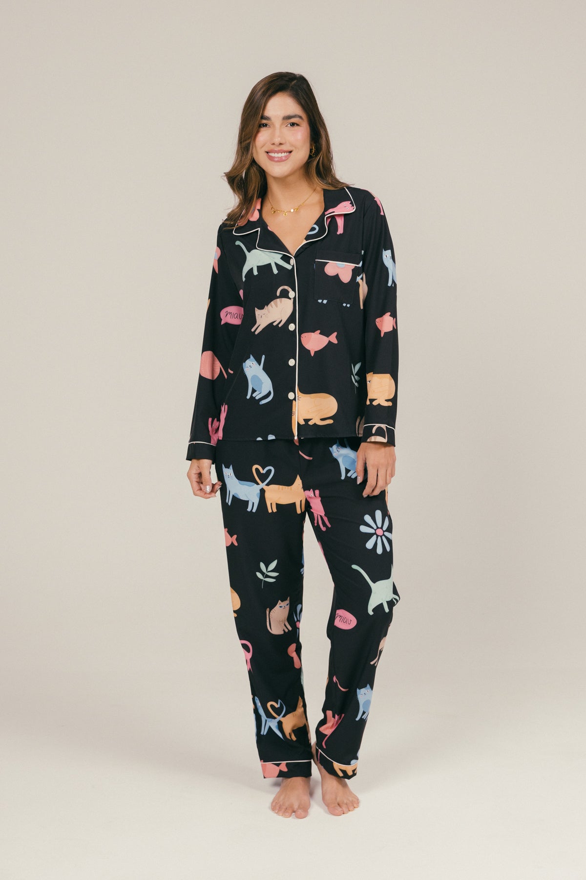 Pijama Gatitos Pantalón Largo - Negra