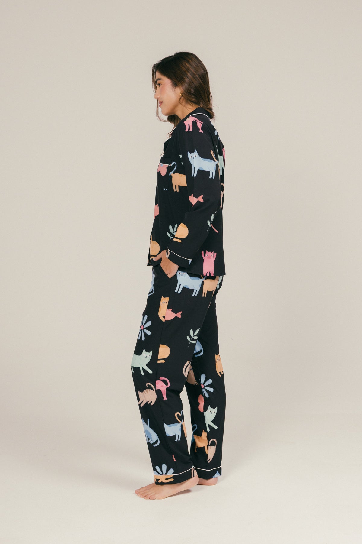 Pijama Gatitos Pantalón Largo - Negra