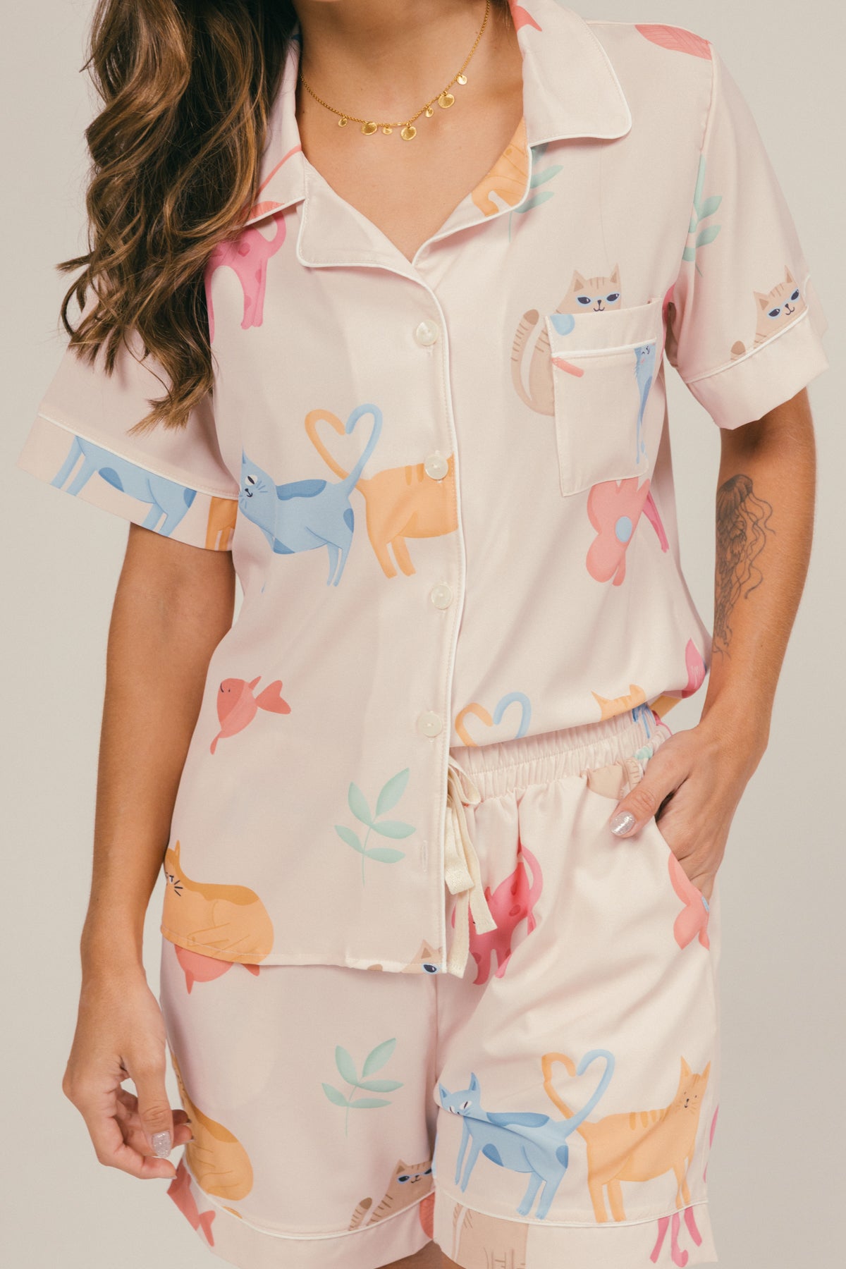 Pijama Gatitos Pantalón Corto - Marfil