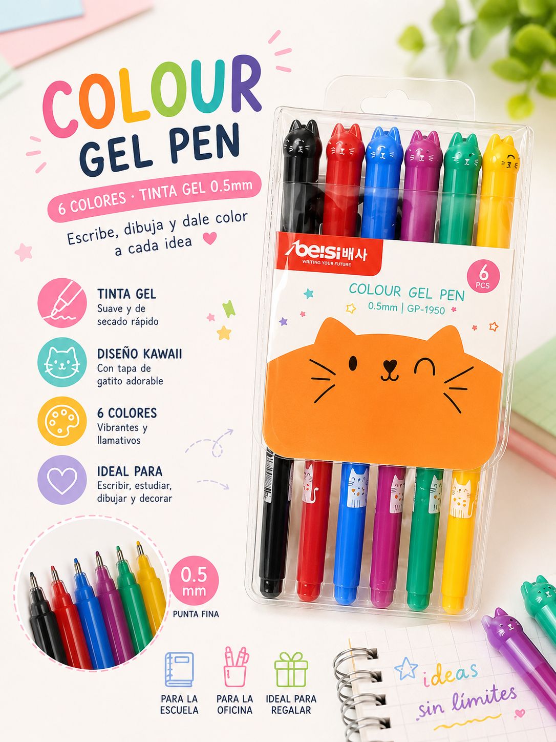 Set de 6 Bolígrafos Gel Gatito Kawaii