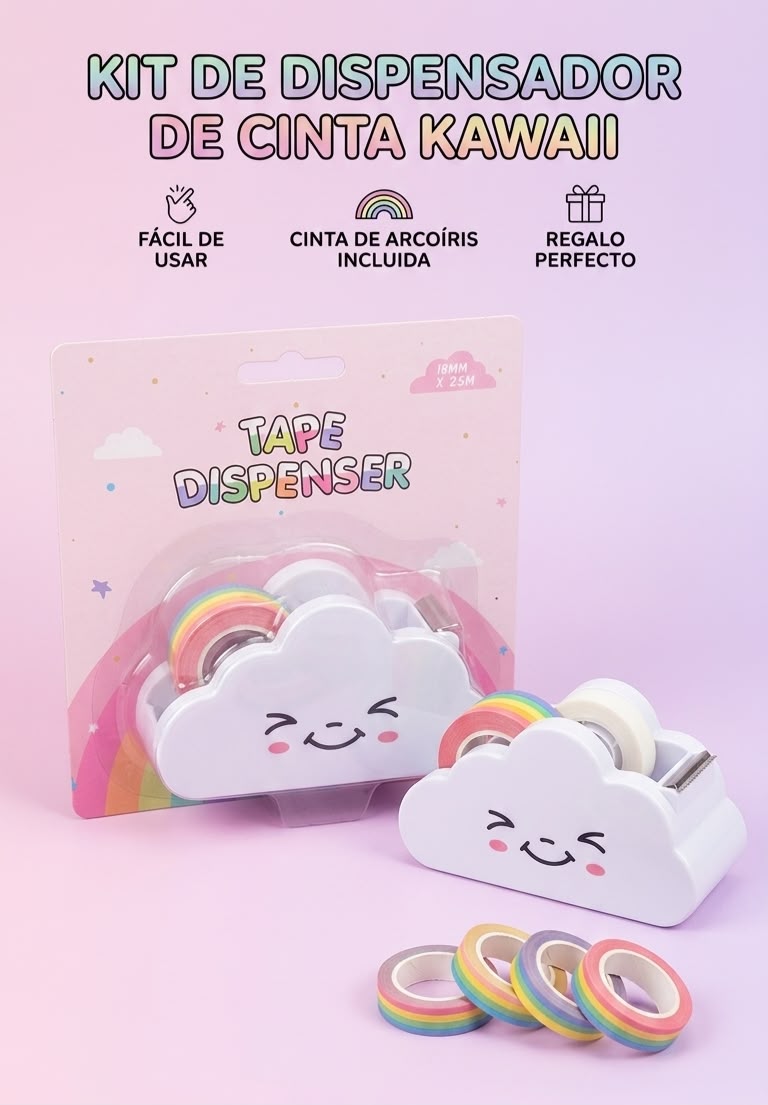 Dispensador de Cinta Kawaii Nube con Cintas Arcoíris