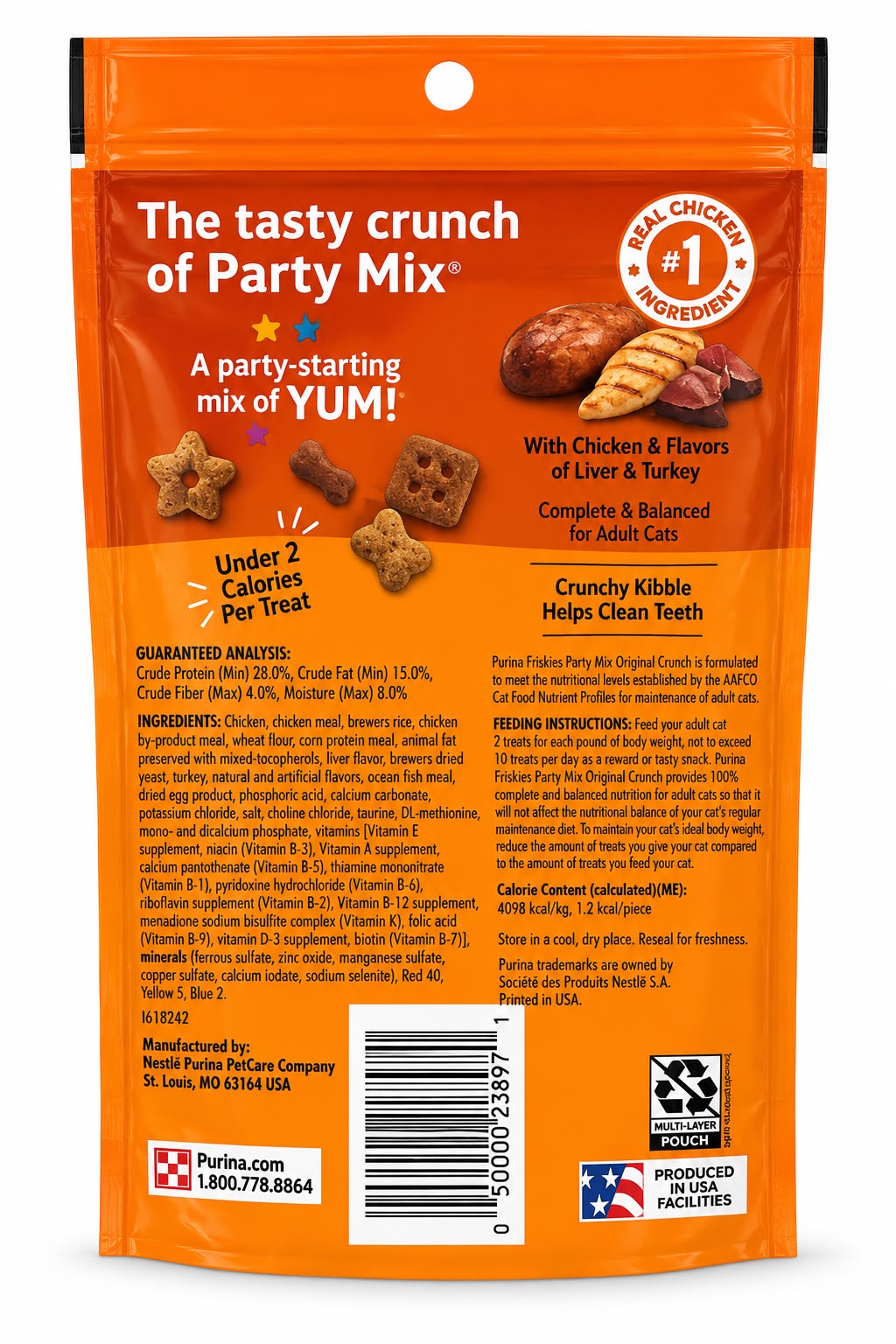 Friskies Party Mix – Premios para Gatos Original Crunch, con Pollo y Sabores de Hígado y Atún