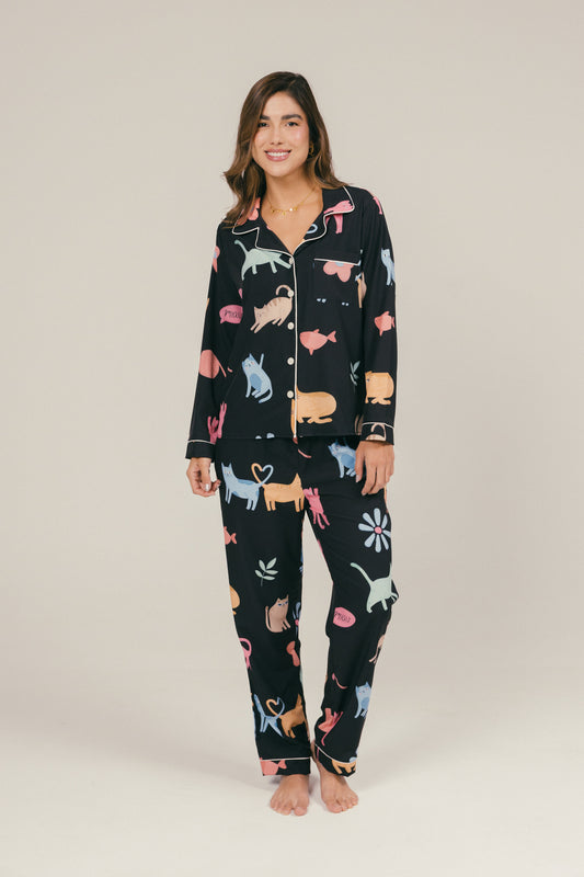 Pijama Gatitos Pantalón Largo - Negra