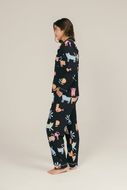 Pijama Gatitos Pantalón Largo - Negra