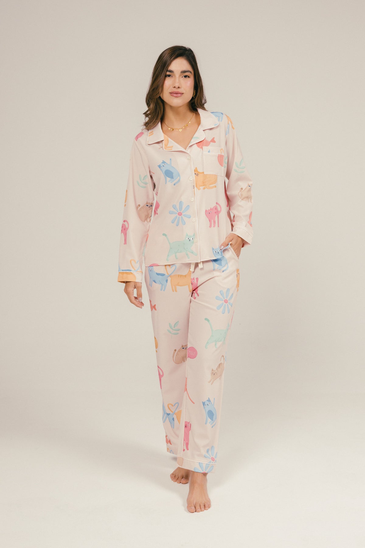 Pijama Gatitos Pantalón Largo - Marfil