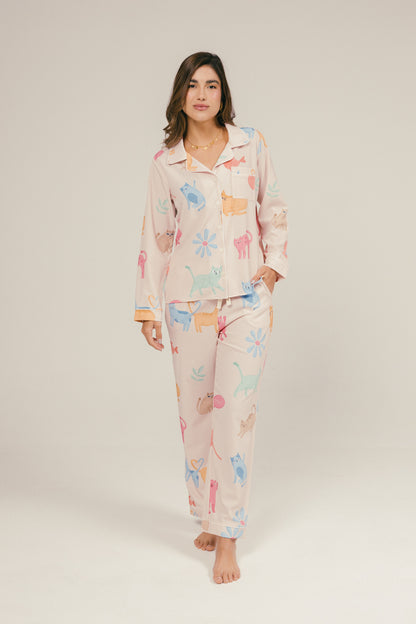 Pijama Gatitos Pantalón Largo - Marfil