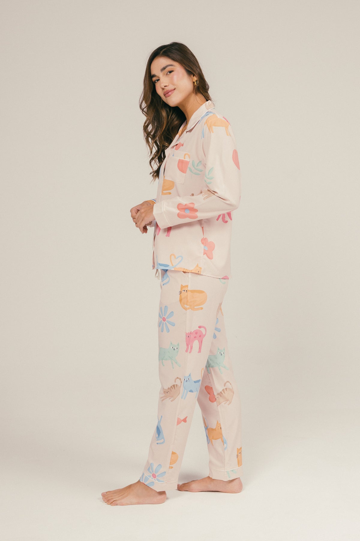 Pijama Gatitos Pantalón Largo - Marfil