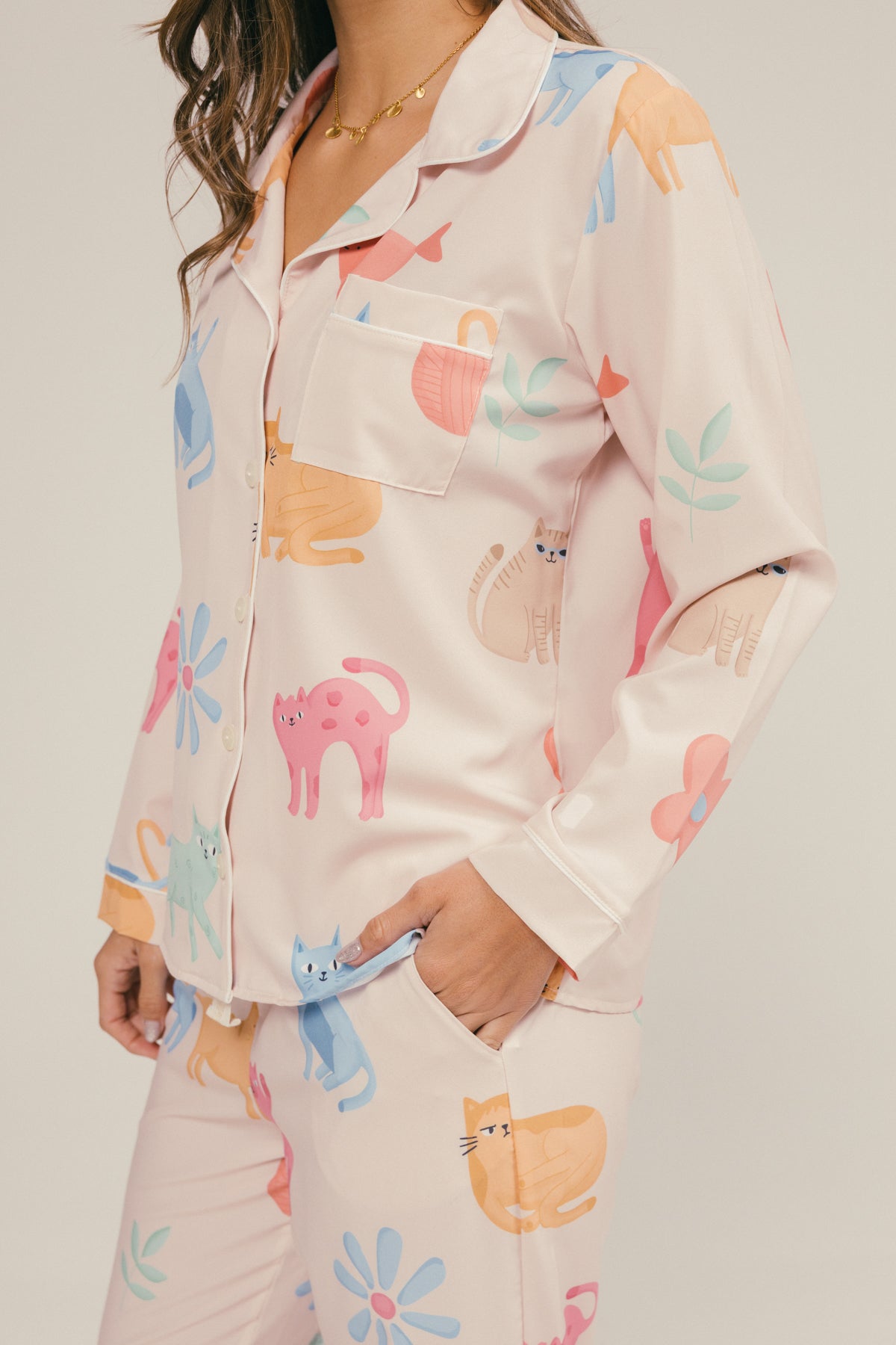 Pijama Gatitos Pantalón Largo - Marfil