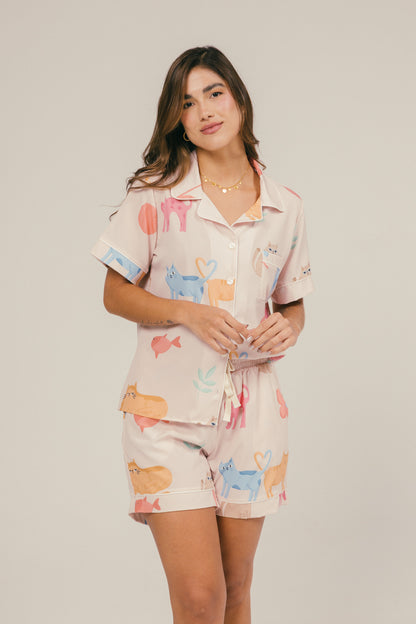 Pijama Gatitos Pantalón Corto - Marfil