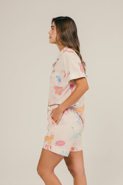 Pijama Gatitos Pantalón Corto - Marfil