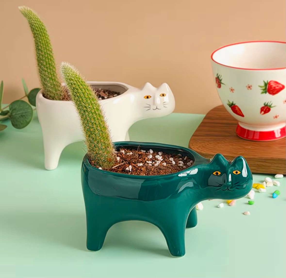Maceta Decorativa Gato Verde