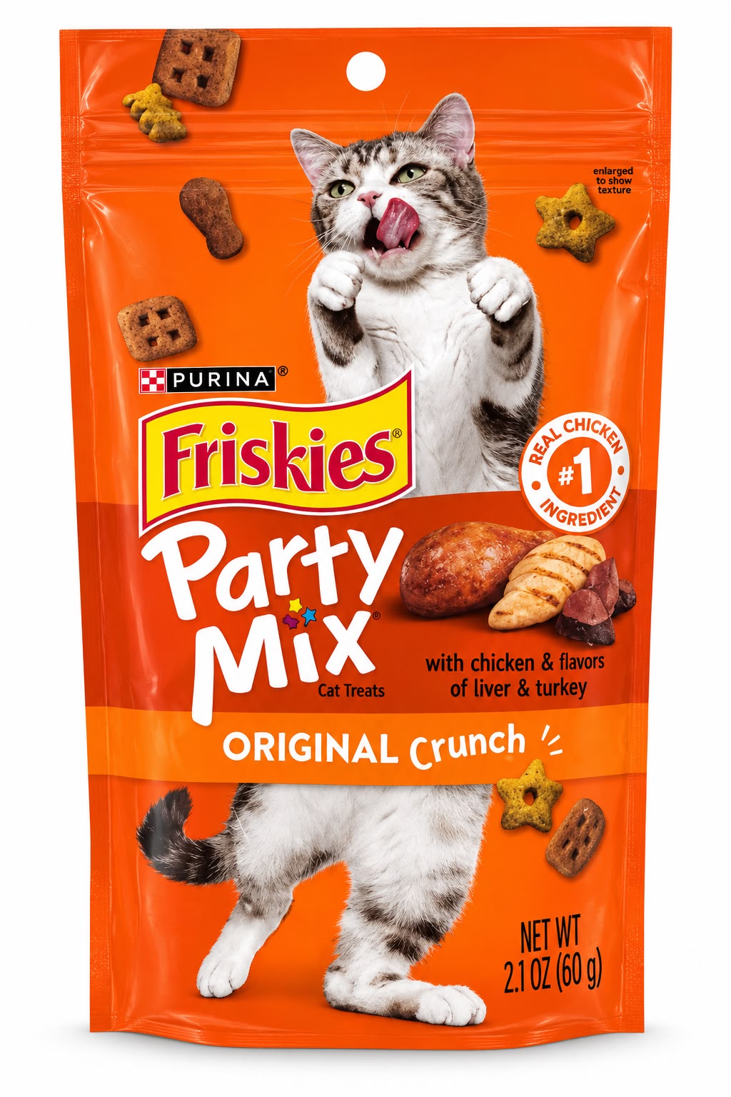 Friskies Party Mix – Premios para Gatos Original Crunch, con Pollo y Sabores de Hígado y Atún