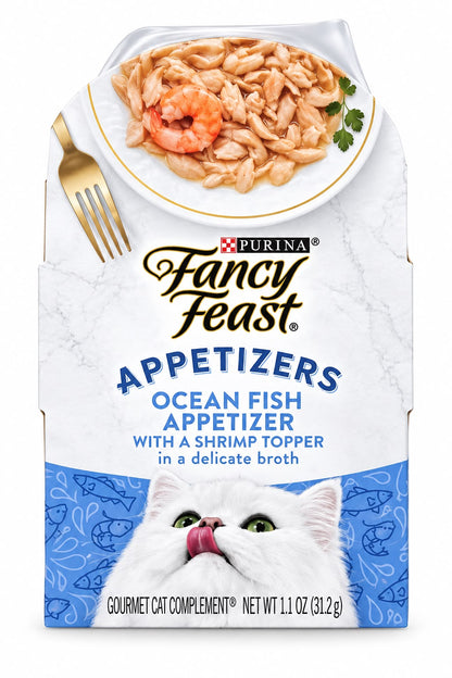 Fancy Feast Appetizers – Aperitivo de Pescado del Océano con Topping de Camarón en Caldo Delicado